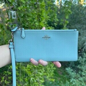 COACH Blue Pebble Leather Wristet Clutch Wallet with Silver Hardware AUTHENTIC